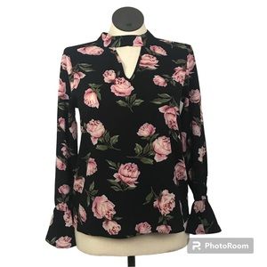 HARVE Bernard Mock Neck Top Womens size M black/pink Floral Circular long sleeve